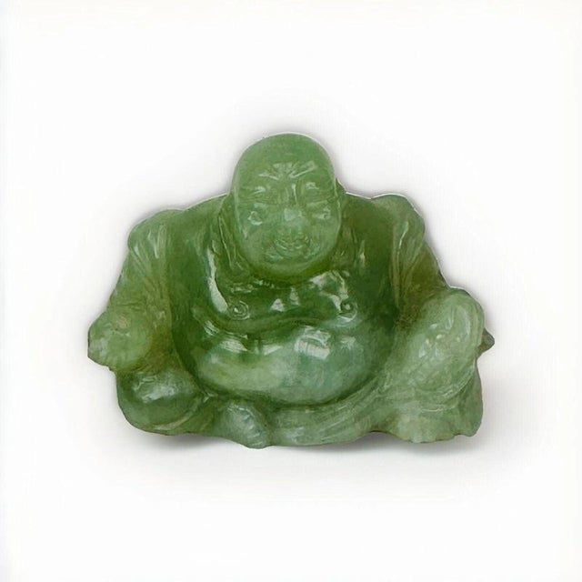 Chinese Carved Green Jade Maitreya Laughing Buddha Figure For Sale - Image 4 of 15