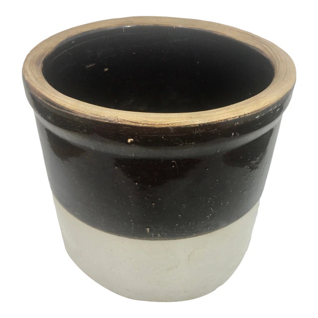 7.25" Antique Striped Brown + Tan Glazed Crock For Sale
