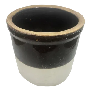 7.25" Antique Striped Brown + Tan Glazed Crock