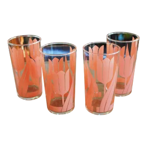 Vintage Salmon Pink Tulip Glassware Tumblers Set of 4