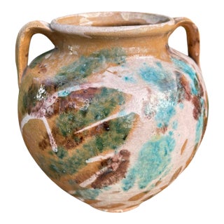 Vintage Drip Glaze Terracotta Cachepot / Amphora Vessel, 8” For Sale