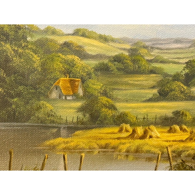 Lush Green English Countryside with Cottage & River by British Landscape Artist 1980 Circa For Sale - Image 6 of 18