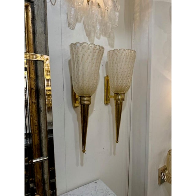 Early 21st Century Pair of Modern Brass and Murano Glass Cone Form Sconces For Sale - Image 5 of 6