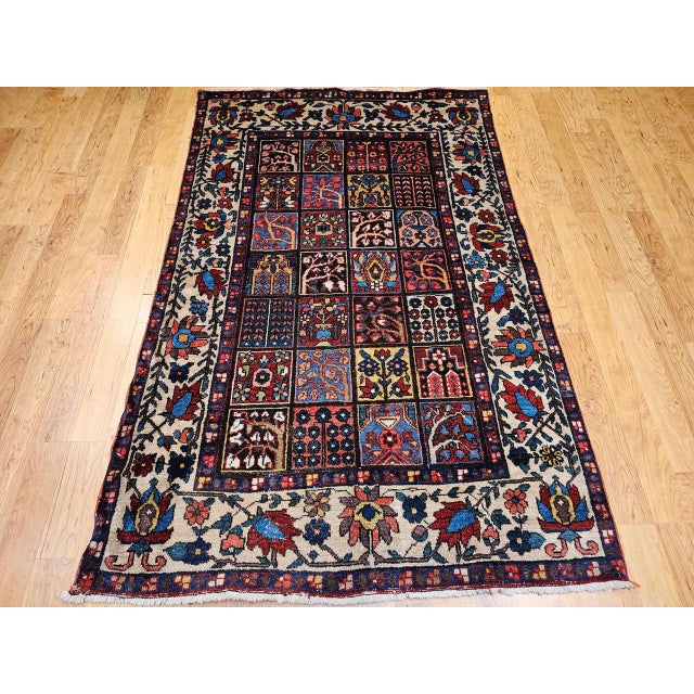 Cream Vintage Persian Bakhtiari Rug, Hand-Knotted Wool, Allover Garden Panel Pattern, Pale Yellow & Red,5x7 For Sale - Image 8 of 16
