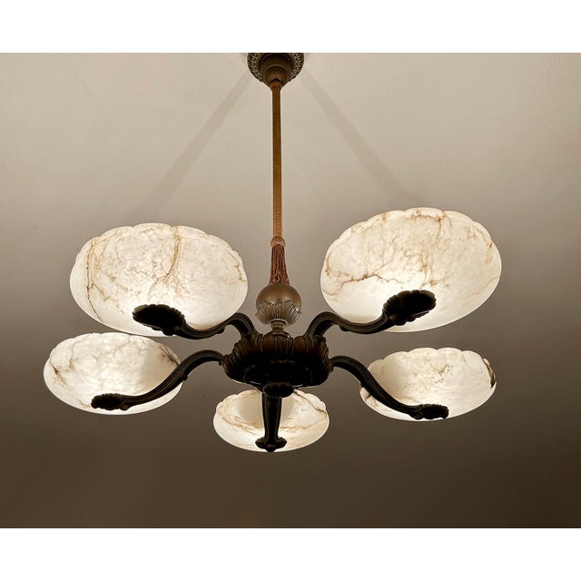 Large Art Deco pendant light featuring a bronze and burnished brass structure with alabaster marble shades , threaded rod...
