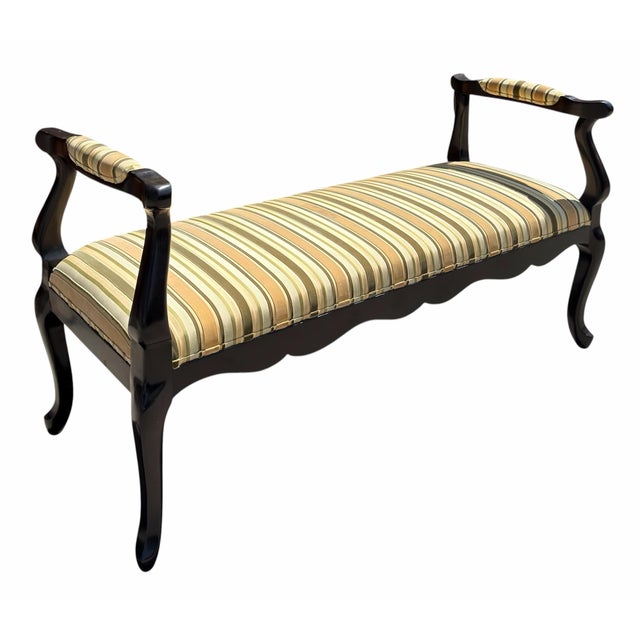 18th C Style Italian Black Lacquered Silk Cut Velvet Upholstered Bench.