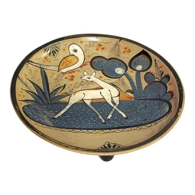 Vintage Mexican Hand Painted Folk Art Pottery Footed Dish For Sale