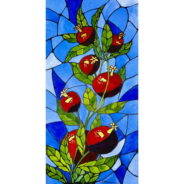 Cubism Framed Original Watercolor Religious Painting “Stained Glass Pomegranates” For Sale - Image 3 of 12