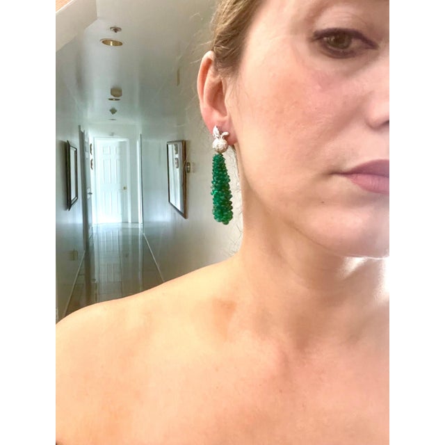 89 Carats Colombian Emerald Briolettes and Diamonds Hanging Earrings 18 Karat white Gold. No professional Video was taken...