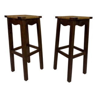 Vintage French Bar Stools in Oak and Rush, 1960s, Set of 2 For Sale