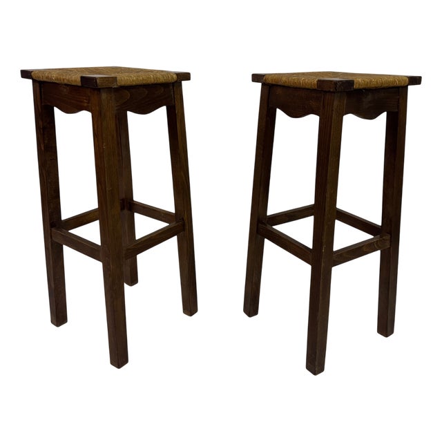 Vintage French Bar Stools in Oak and Rush, 1960s, Set of 2 For Sale