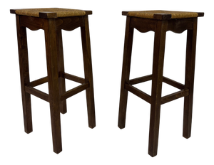 Vintage French Bar Stools in Oak and Rush, 1960s, Set of 2