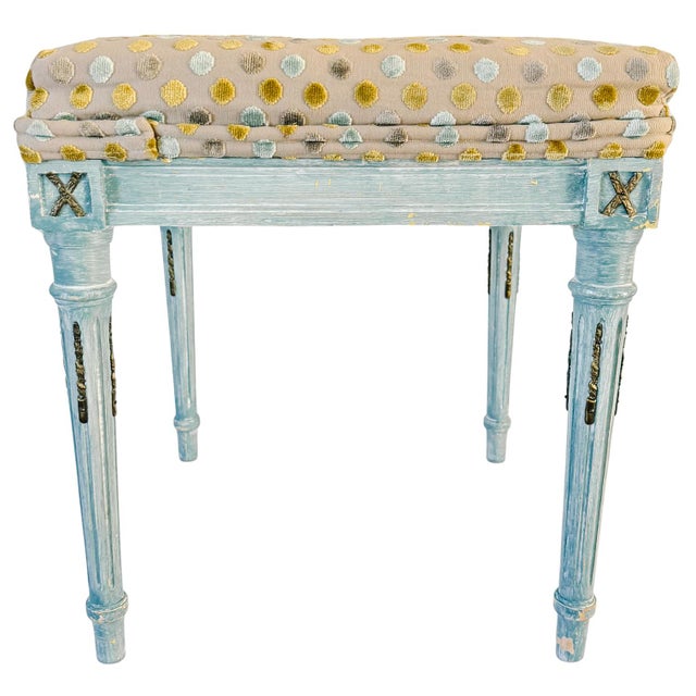 Mid 20th Century French Louis XVI Style Blue Painted Footstools With Brass Accents & Polka Dot Cut Velvet - A Pair For Sale - Image 15 of 18