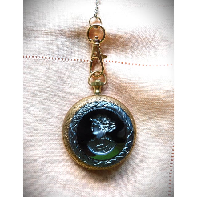 Vintage Pewter Woman Profile Cameo Pocket Watch Locket, Grey Pearl Link Chain For Sale - Image 4 of 15