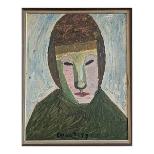1957 Mid-Century Modern 'Behind the Mask' Vintage Original Abstract Expressionist Portrait Oil Painting, Framed
