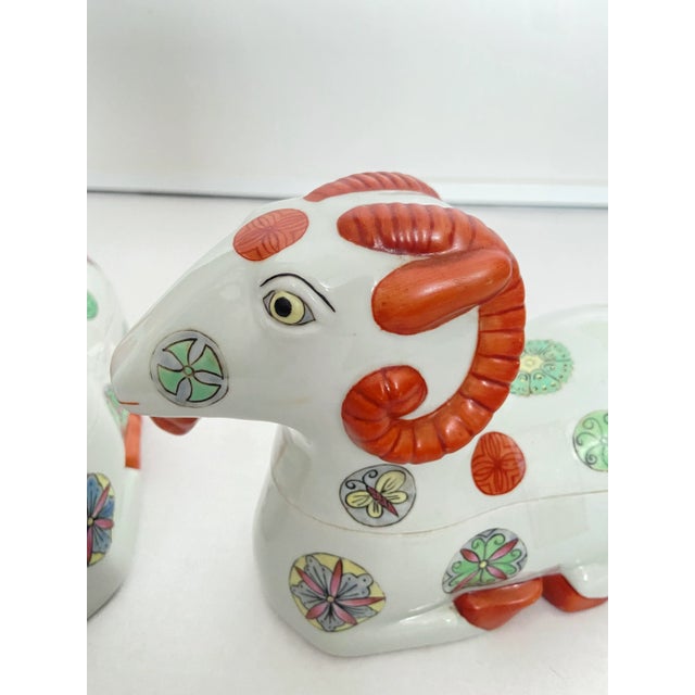 1930s Early Mid-Century Porcelain Staffordshire Style Asian Ram Box Figurines - a Pair For Sale In Los Angeles - Image 6 of 13