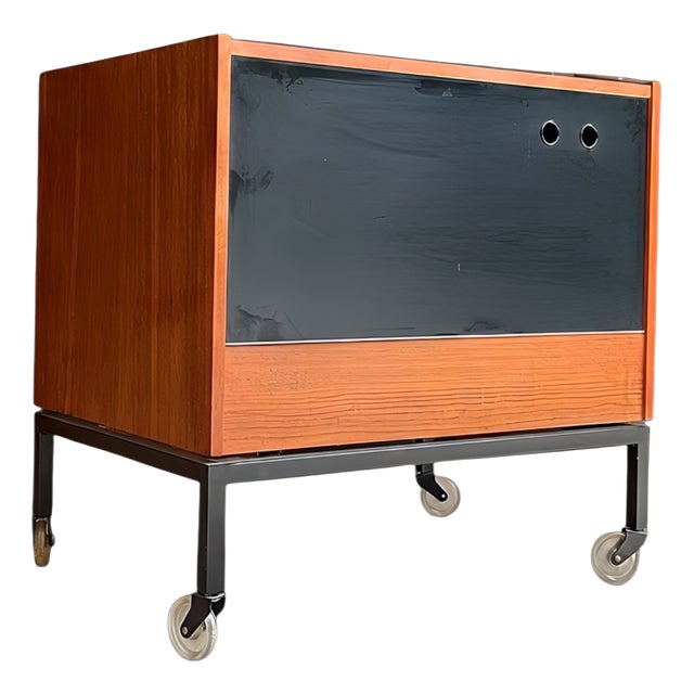Mid-Century Minimalistic Teak Fold-Out Serving Bar Cart with Modern Black HPL Surfaces and Square Steel Frame, Germany, 1960s For Sale