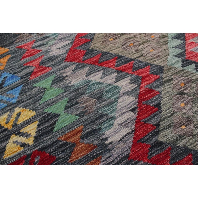 Early 21st Century Bohemian Kilim Green Charcoal Wool Rug For Sale - Image 4 of 8