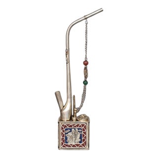 Vintage Silver-Plated Copper Water Pipe With Enamel Shou Xing Motif and Beaded Chain For Sale