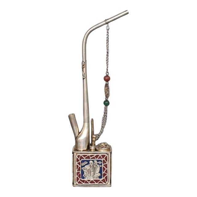 Vintage Silver-Plated Copper Water Pipe With Enamel Shou Xing Motif and Beaded Chain For Sale