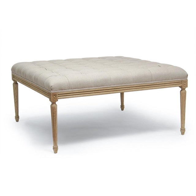 French Country Louis Tufted Linen Ottoman - Natural Linen For Sale - Image 3 of 3