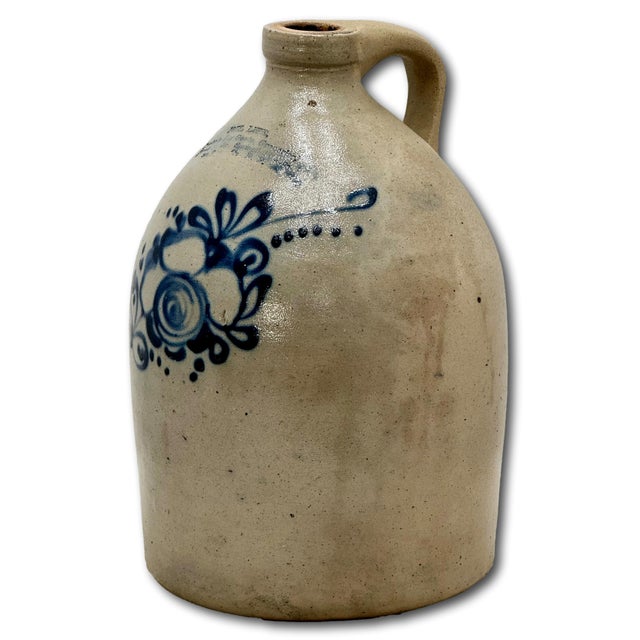 Unusual Antique American Blue Flower Decorated 2 Gallon Jug With Otsego New York Stoneware Merchants Name & Info Circa 1870s For Sale - Image 4 of 18