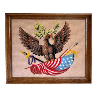 Vintage Americana Folk Art Eagle and Flag Needlepoint Framed Original Art For Sale