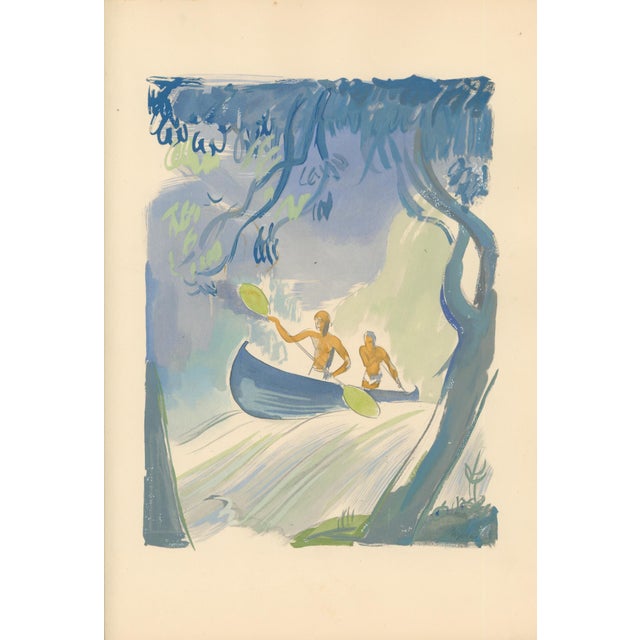 Original 1932 Art Deco sporting print by Milivoj Uzelac depicting two canoeists paddling through a wooded landscape. From...