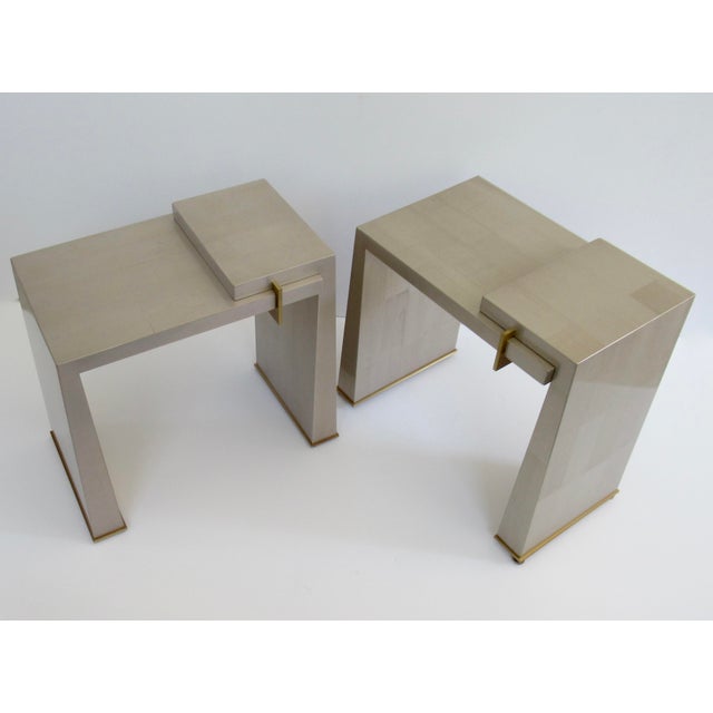 C.1990's Thomas Pheasant(Designer) for Baker Furniture Co. (Mfr.) -Platinum Silver Leaf & Bronze Modernist "Stratum" Side/Occ. Tables -Pair For Sale - Image 16 of 18