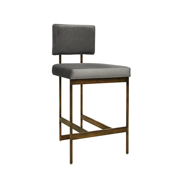 Contemporary Matthew Izzo Home - Baylor Gray Velvet Upholstered Cushion & Painted Bronze Counter Stool For Sale - Image 3 of 6