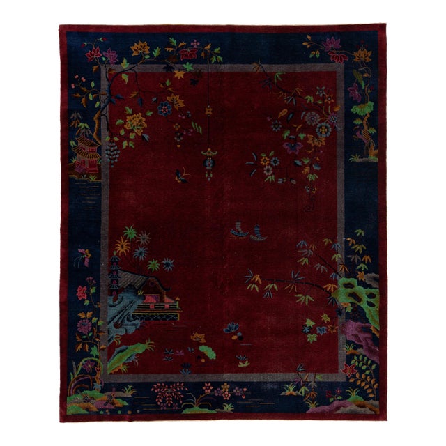 8 X 10 Antique Handmade Chinese Art Deco Wool Rug in Red With Traditional Design For Sale