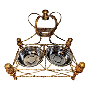 Vintage Golden Metal Gem Adourned Pet (Dog/Cat) Feeder Bowl