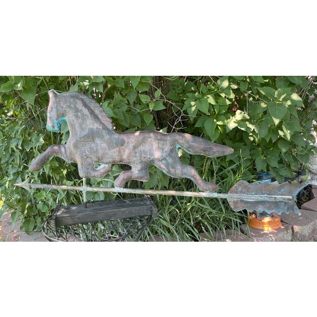 Early 20th Century Copper Horse Weathervane With Copper Ball and Milk Glass & Wood Stand For Sale - Image 12 of 14