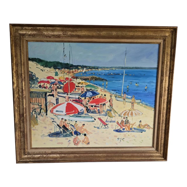 Vintage Fine Art Signed Beach Painting Mid Century Era For Sale