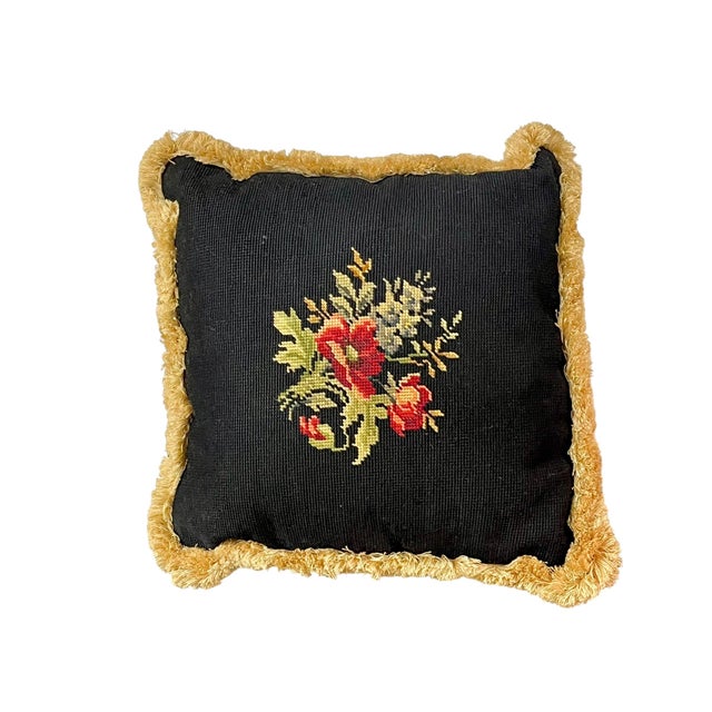 Mid 20th Century Set of 4 Vintage Petit Point Floral Needlepoint Pillows With Gold Fringe Trim For Sale - Image 5 of 12