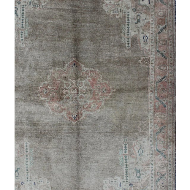 Square shape and Lightly Colored Vintage Turkish Oushak Rug with Medallion Geometric Border. Keivan Woven Arts/ rug TU-...