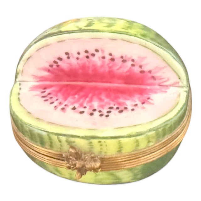 Late 20th Century Hand-Painted Limoges France Watermelon Porcelain Trinket Box With Bee Clasp For Sale