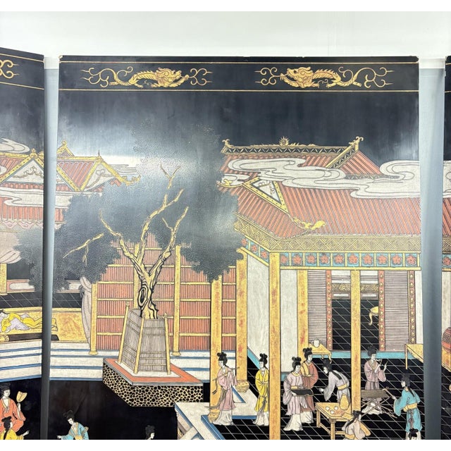 Chinoiserie 1980s Grand Chinoiserie Palace Scene: 3-Panel Lacquer Screen by Maitland-Smith - A Monumental Work of Hand-Incised Coromandel-Style Artistry For Sale - Image 3 of 10
