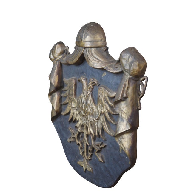 Art Deco Antique 1925 Erik Cohrt Bronze Double Eagle Wall Plaque Medieval Shield Crest For Sale - Image 3 of 10