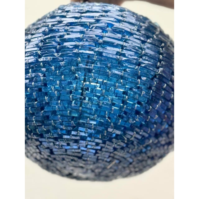 Vintage Mid-Century Cut Rich Blue Glass Stacked Globe-Shaped Round “Blue Moon” Pendant Light Fixture. Mid Century Vibe For Sale In Los Angeles - Image 6 of 11