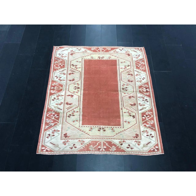 Orange and Tan Turkish Anatolian Vintage Rug 5′8″ × 6′4″ For Sale - Image 11 of 11
