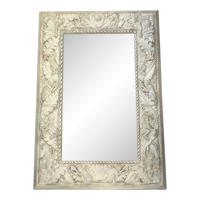 Mid Century Large Coastal Wall Mirror With Monkey and Palm Leaf Motifs For Sale