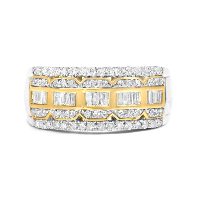 Make a statement with this exquisite art deco inspired ring. Made in 10k white and yellow gold, this piece showcases 1ct...