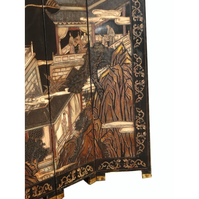 Vintage Oriental Asian Palace City Coromandel Chinoiserie Black Six Panel Screen For Sale - Image 14 of 17