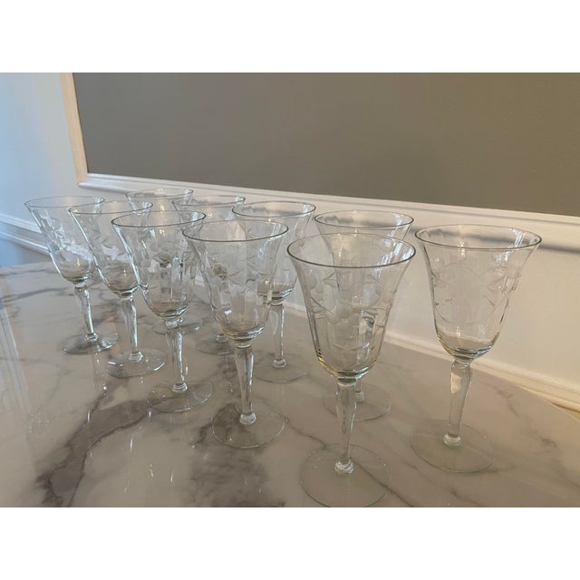 1950s Set of 10 Vintage Etched and Fluted Floral Wine Glasses For Sale In New York - Image 6 of 10