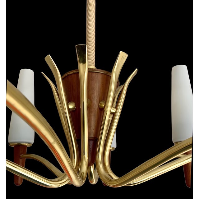 Brown Large Mid-Century Modern Scandinavian Teak, Glass, & Brass Chandelier in the style of Stilnovo, 1960s For Sale - Image 8 of 15