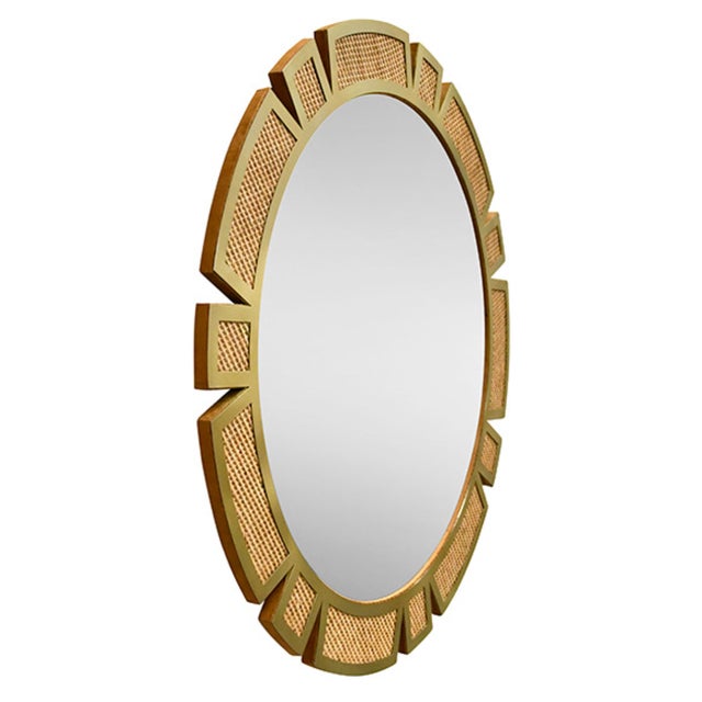Contemporary Matthew Izzo Home Sunday Round Framed Rattan Wall Mirror For Sale - Image 3 of 5