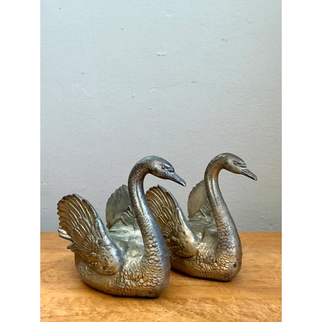 Mid-Century Modern Vintage Ornamental Silver Swan Sculptures - Pair For Sale - Image 3 of 12