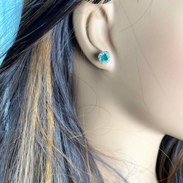 Contemporary Emerald Shaped Emerald Diamond 1.20 Carat Halo 14 Karat White Gold 0.32 Inch Earrings - 2 Pieces For Sale - Image 3 of 10