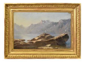 Mountain Landscape Painting, 19th-Century, Oil on Paper, Framed